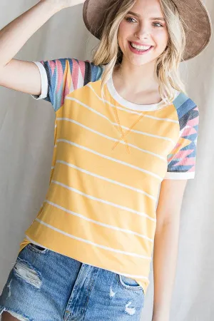 Yellow Striped Raglan with Geometric Short Sleeves